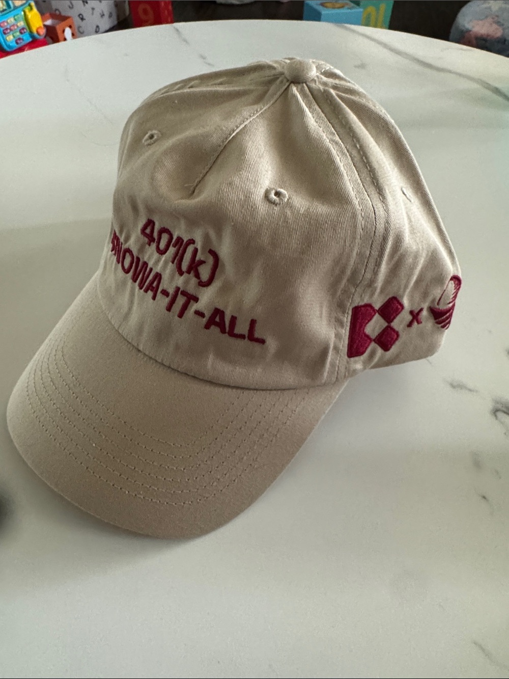 Beige Baseball Cap with Maroon 401K Embroidery